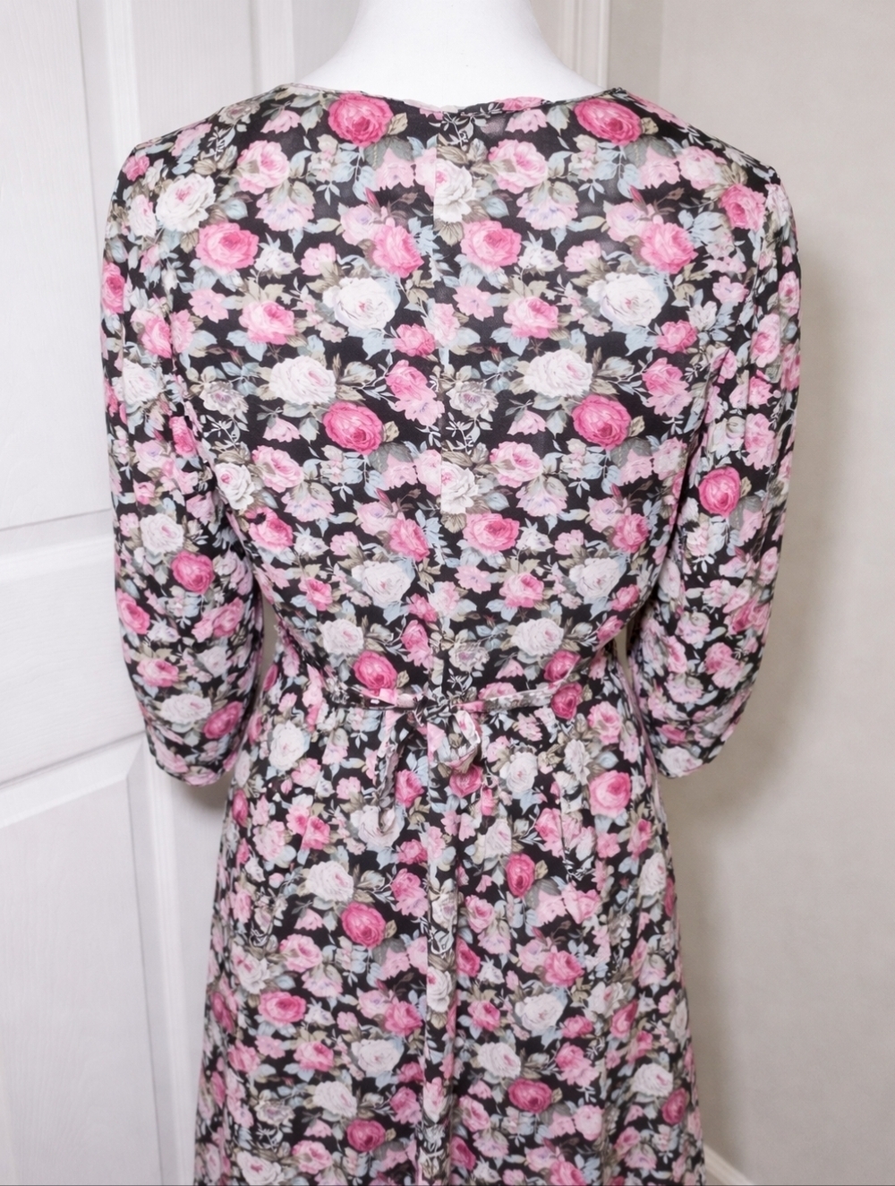 Vintage 90s D.B.Y Floral Midi Dress Black Pink Roses Square Neck Cottagecore Rom - Picture 8 of 10